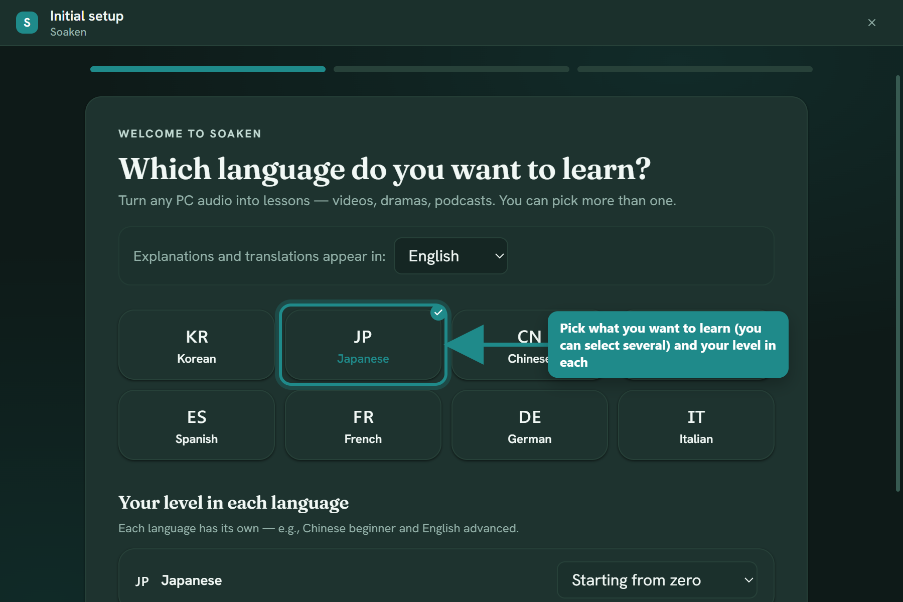 Tela de boas-vindas do Soaken com a lista de idiomas e o seletor de nível